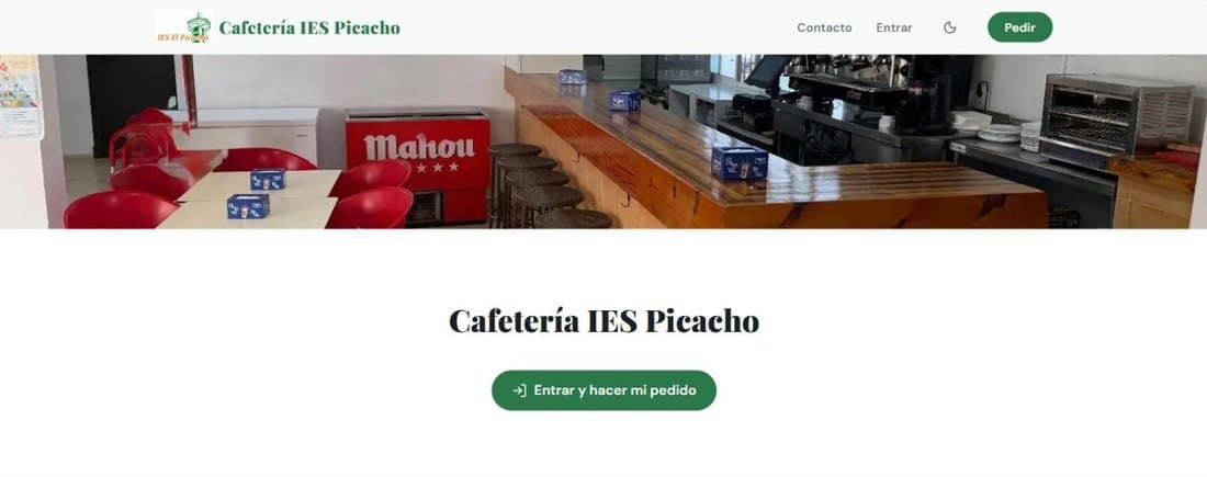 Web pública de la Cafetería IES Picacho, con foto del local y botón de pedir