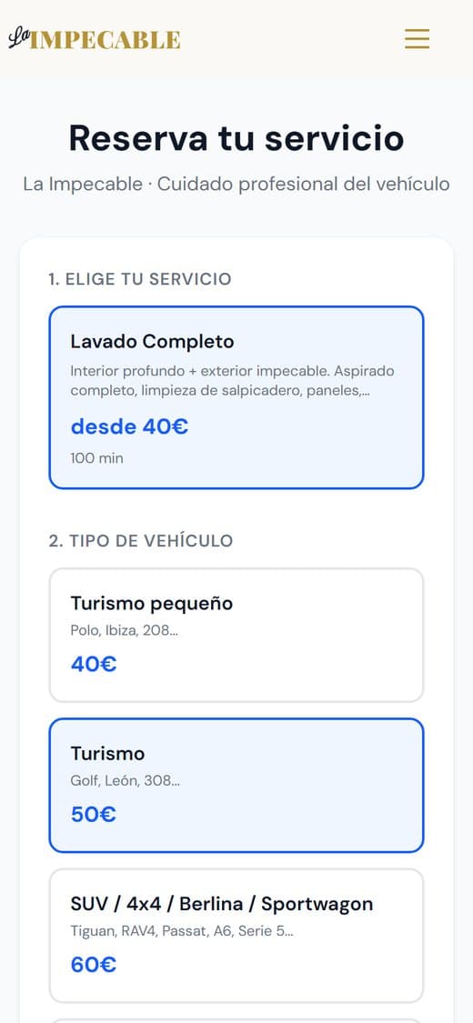 Reserva en el móvil en La Impecable: servicio y tipo de vehículo con su precio