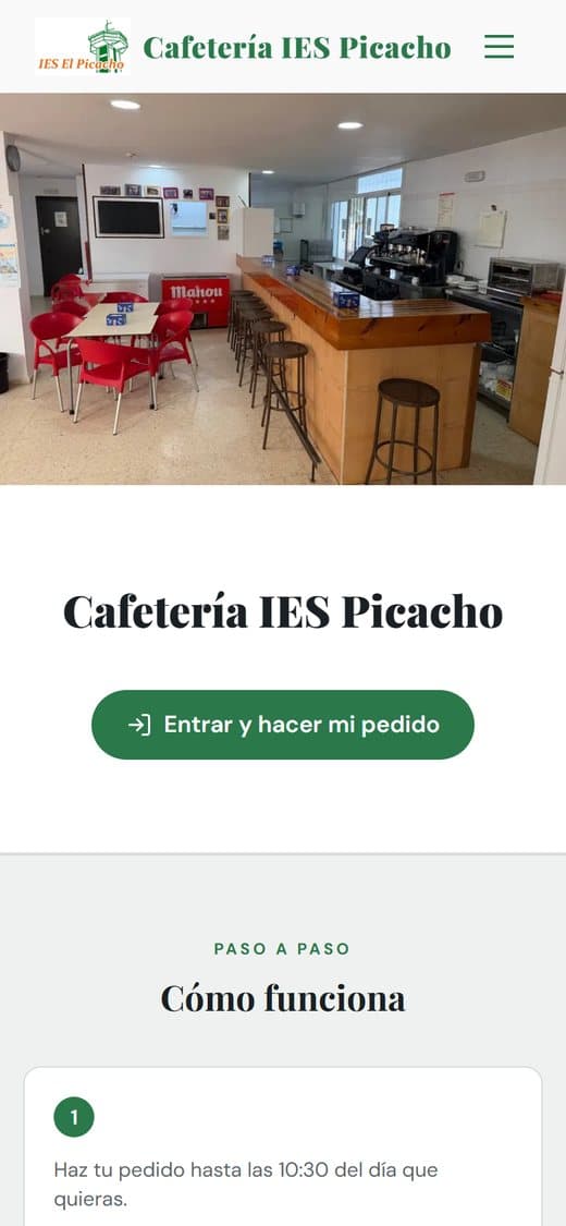 Web de la Cafetería IES Picacho en el móvil, con foto del local y botón para hacer el pedido