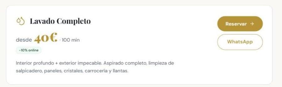 Catálogo de servicios de La Impecable con precio y botón de reserva